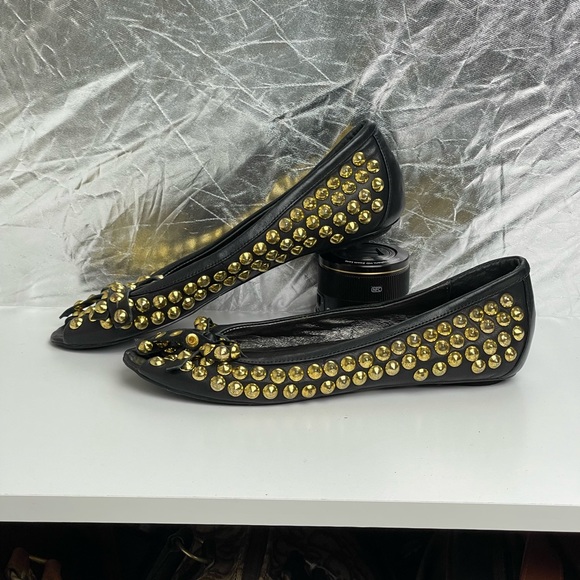 Miu Miu Open Toe Ballet Flats with Gold Studs and Ribbon Accents - Picture 5 of 12